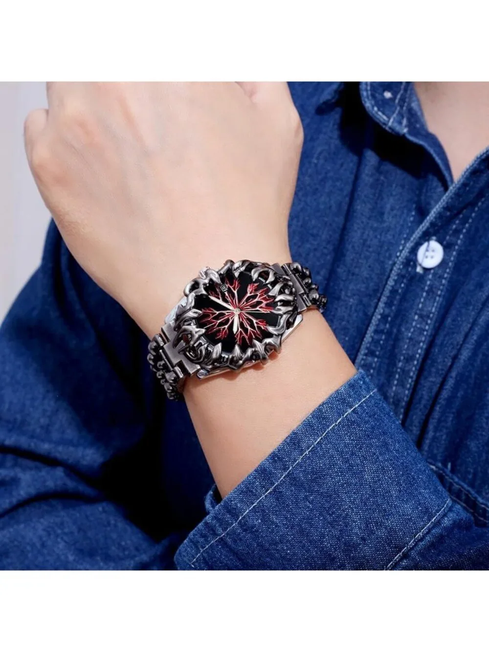 Men Red Dial Quartz Gothic Claw Unique Stainless Steel Luminous Waterproof Watch